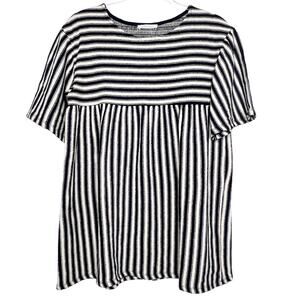 ZARA Trafaluc Striped Babydoll Top Crew Neck Short Sleeve Blue White Size Small